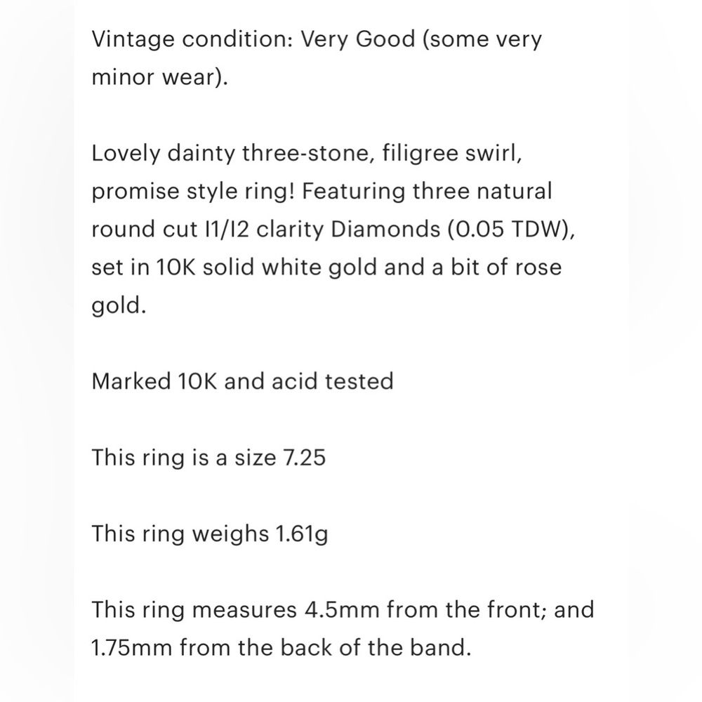 10K Diamond Ring, Three Stone, Dainty Swirl, Size 7.25, White Rose Gold - Picture 8 of 14